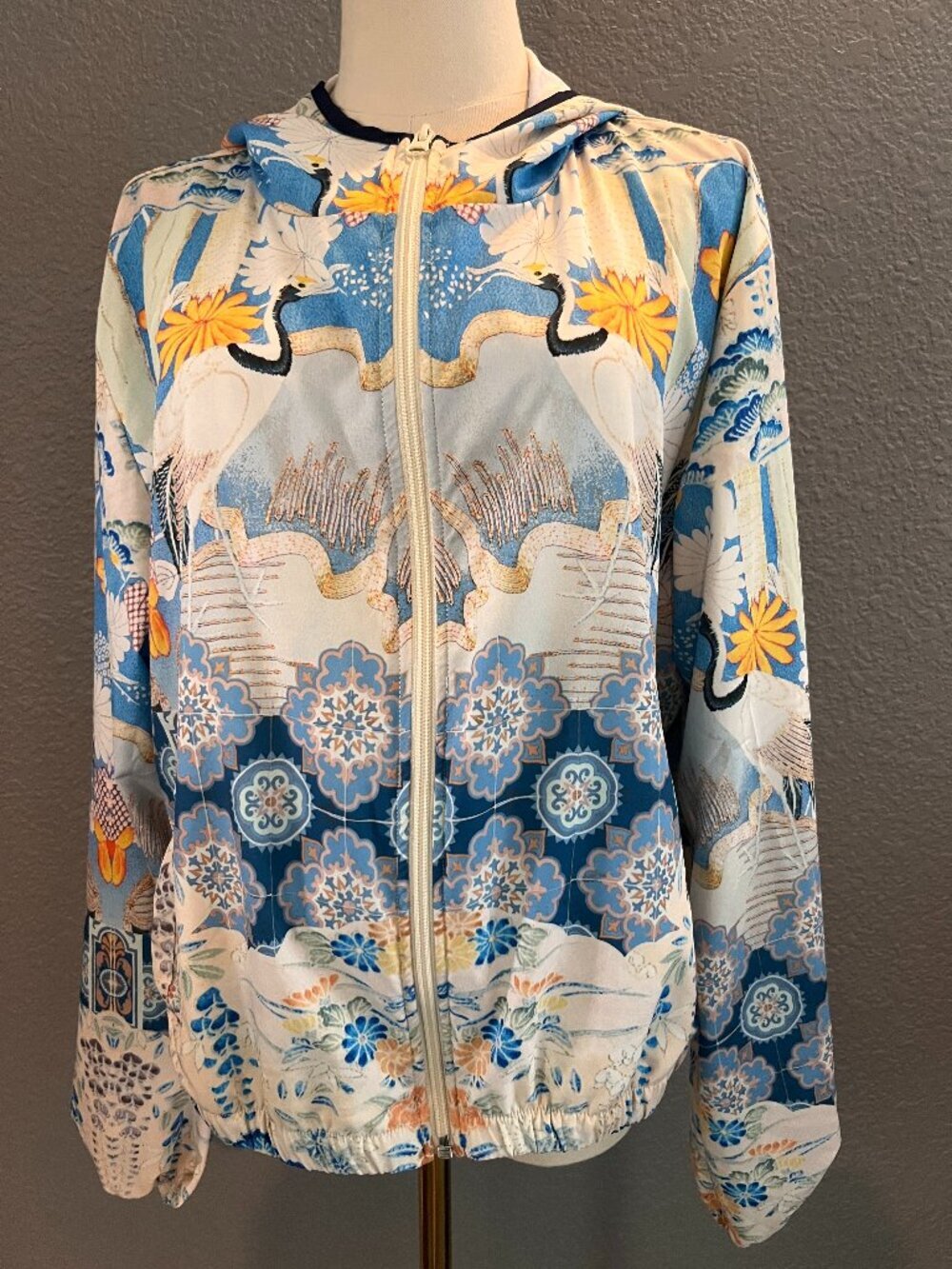 Daily Practice by Anthropologie Postcard Crane Print Hooded Bomber Jacket Size L